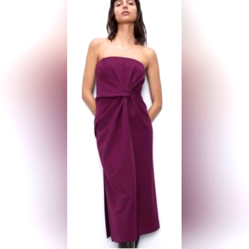 EUC Zara purple strapless high right side slit gathered left side waist hidden